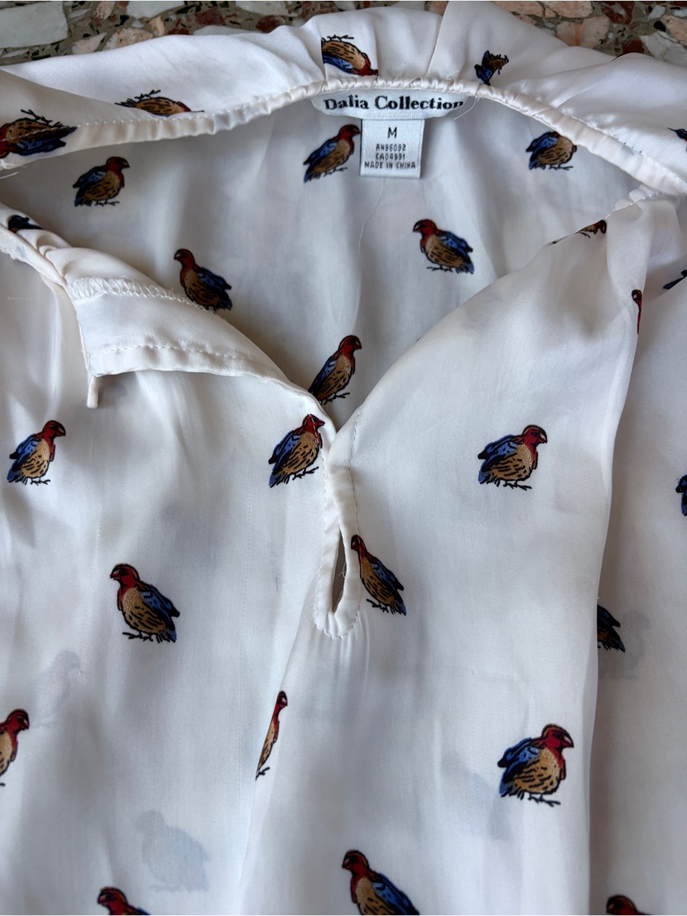Dalia Collection Cream Blouse with Red, Blue and Brown Bird Print